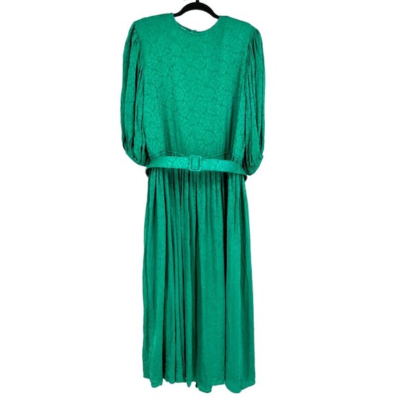 Vtg Garfinckels Green Silk Dress 80s Womens 6 Jacquard Print Puff Sleeve Pleated - Picture 12 of 12